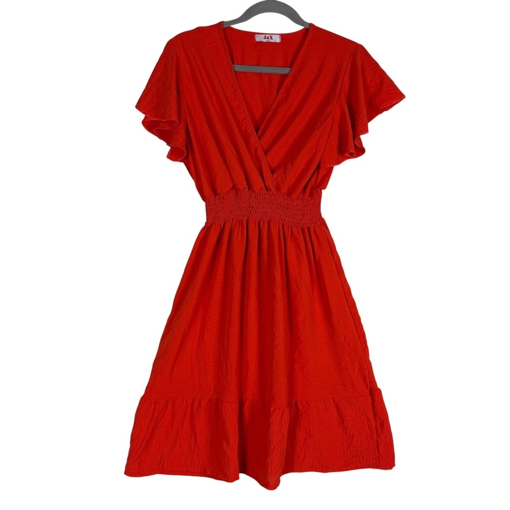 J&X Dress Womens‎ M/L Red Wrap Smocked Fit & Flare Flutter Sleeve Knee Sundress
